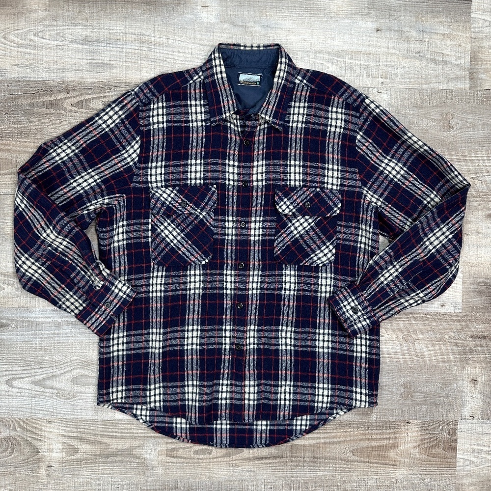 Vintage Fieldmaster Men Size L Blue Plaid Wool Blend Outdoor Shirt